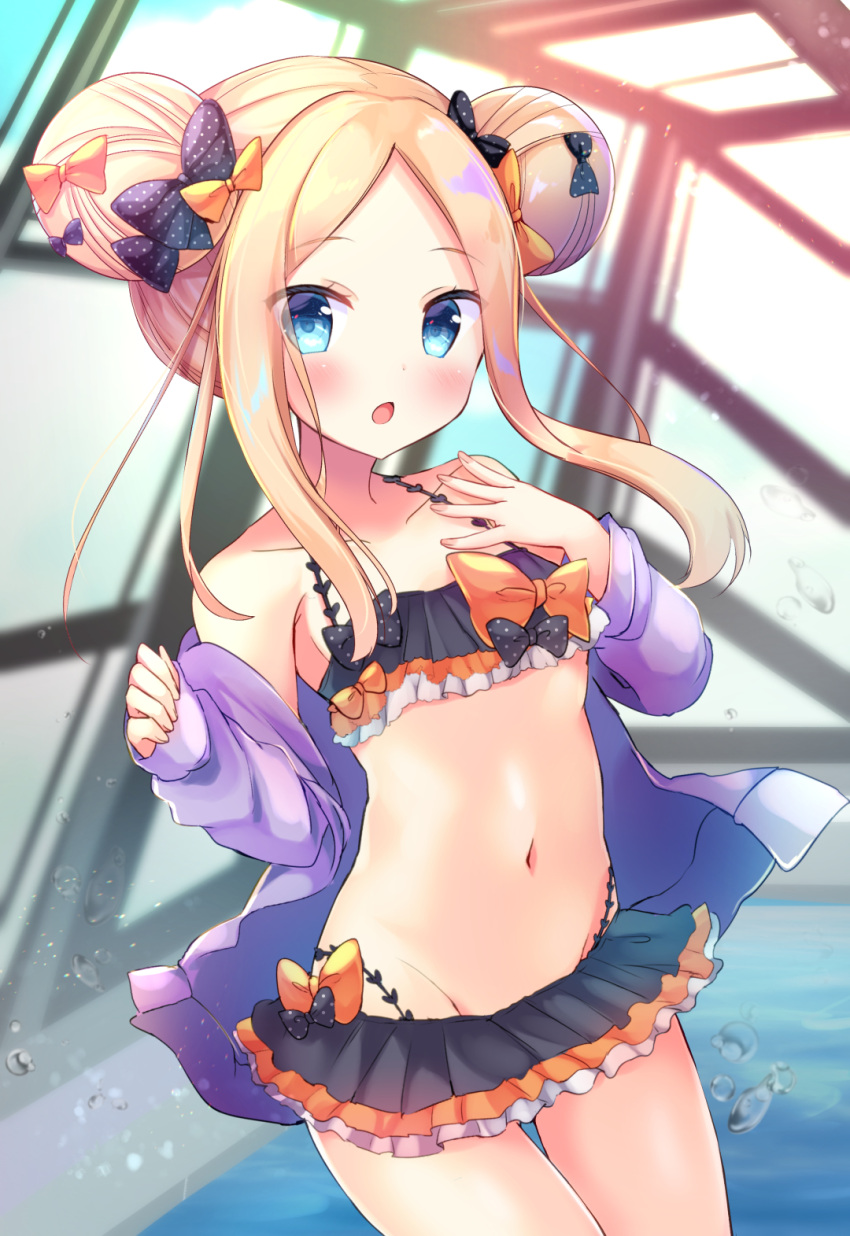 1girl abigail_williams_(fate/grand_order) bangs bare_shoulders bikini black_bikini black_bow blonde_hair blue_eyes blurry blurry_background blush bow chestnut_mouth collarbone commentary_request day depth_of_field double_bun emerald_float fate/grand_order fate_(series) fingernails forehead groin highres indoors jacket long_hair long_sleeves masayo_(gin_no_ame) navel off_shoulder open_clothes open_jacket orange_bow parted_bangs parted_lips polka_dot polka_dot_bow pool purple_jacket rei_no_pool side_bun sidelocks sleeves_past_wrists solo swimsuit thigh_gap water water_drop