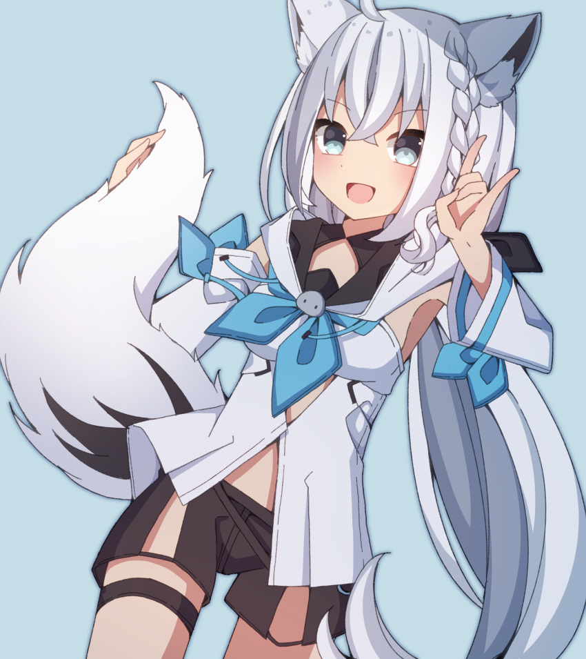 1girl :d \m/ absurdres ahoge animal_ear_fluff animal_ears bangs blue_background blue_eyes blue_neckwear blush braid brown_shorts detached_sleeves dutch_angle eyebrows_visible_through_hair fox_ears fox_girl fox_tail hair_between_eyes hands_up highres hololive hood hood_down long_hair long_sleeves neckerchief open_mouth sapphire_(sapphire25252) shirakami_fubuki shirt short_shorts shorts side_braid silver_hair simple_background single_braid sleeveless sleeveless_shirt smile solo tail tail_raised very_long_hair virtual_youtuber white_shirt white_sleeves wide_sleeves