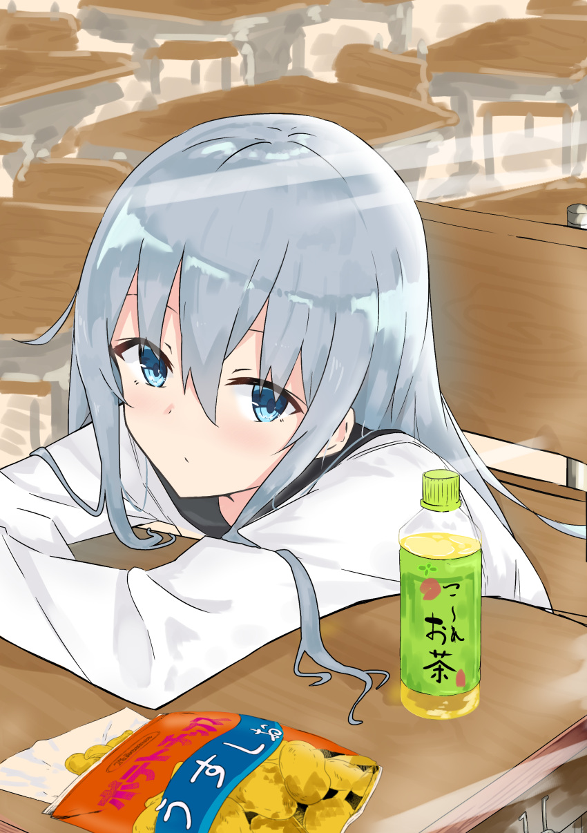 1girl absurdres blue_eyes chips commentary_request desk drink evening_rabbit food green_tea grey_hair hibiki_(kantai_collection) highres kantai_collection leaning_on_table long_hair looking_at_viewer potato_chips school_uniform serafuku solo tea
