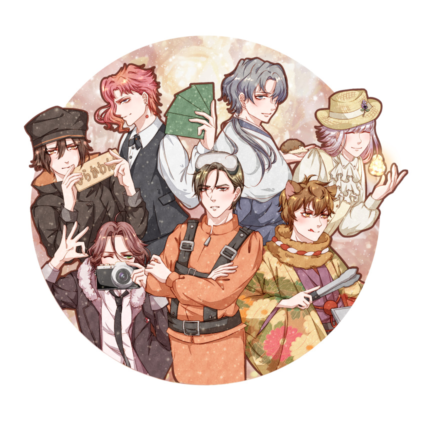 6+boys absurdres ahoge animal_ears black_coat black_neckwear brown_eyes brown_hair camera character_request closed_eyes code:realize copyright_request cravat crossed_arms diabolik_lovers formal gloves goggles goggles_on_head green_eyes grey_eyes grey_hair hair_between_eyes hat hedgehog highres hirakawa_daisuke japanese_clothes jojo_no_kimyou_na_bouken kakyouin_noriaki licking_lips long_hair long_sleeves looking_at_viewer mio_rin multiple_boys necktie pink_hair ponytail saint_germain_(code:realize) sakami_raito seiyuu_connection silver_hair simple_background stardust_crusaders straw_hat tongs tongue tongue_out vest white_vest