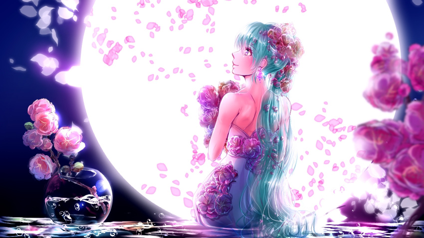 1girl backless_dress backless_outfit blue_hair bouquet brown_eyes dress flower from_behind full_moon hair_flower hair_ornament hatsune_miku holding holding_bouquet long_hair moon pink_flower pink_rose ponytail profile red_flower rose shigemu_room shiny shiny_hair shoulder_blades sitting sleeveless sleeveless_dress smile solo strapless strapless_dress very_long_hair vocaloid white_dress