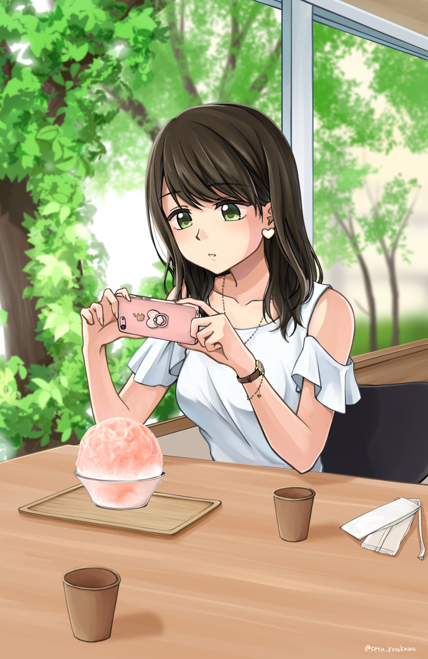 1girl :o apple_inc. bangs black_hair bracelet breasts cellphone chair collarbone cup detached_sleeves earrings eyebrows_visible_through_hair green_eyes hair_over_shoulder heart heart_bracelet heart_earrings highres holding holding_phone indoors iphone jewelry medium_breasts medium_hair napkin necklace open_mouth original phone setu_kurokawa shaved_ice shirt sidelocks signature smartphone table taking_picture tray tree tree_branch watch white_shirt window