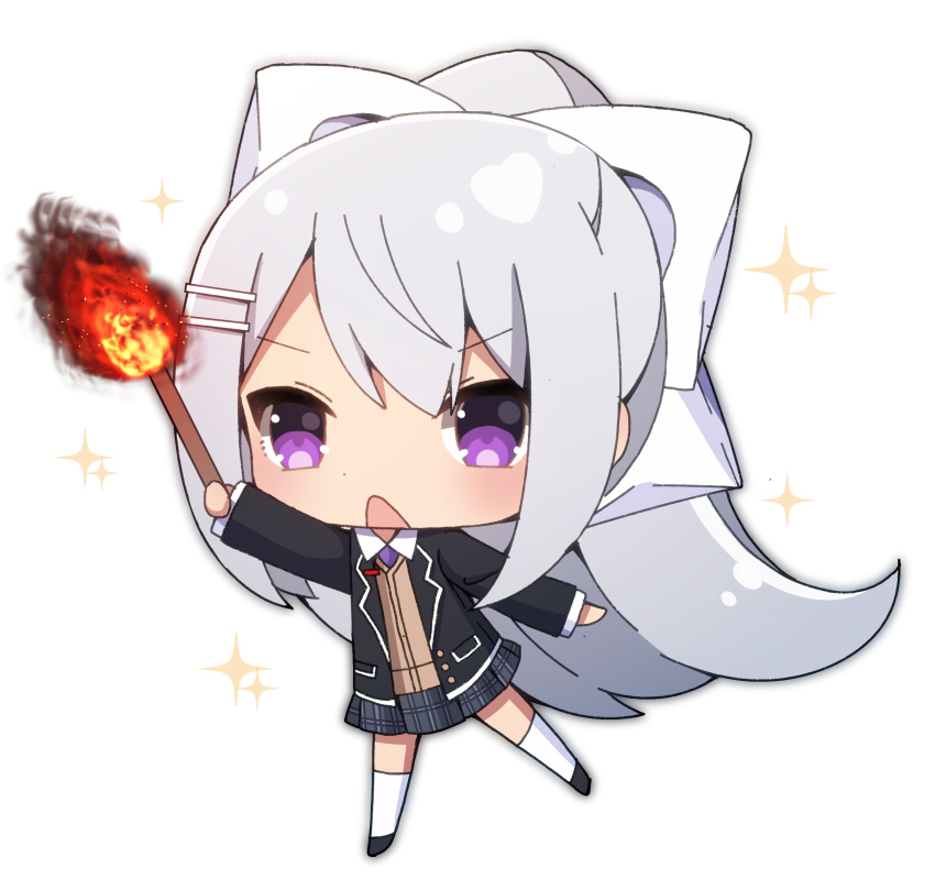 1girl absurdres bangs big_head black_footwear black_jacket blazer blush bow burning cardigan_vest chibi collared_shirt eyebrows_visible_through_hair fire full_body grey_skirt hair_bow hair_ornament hairclip high_ponytail highres higuchi_kaede holding jacket kneehighs long_hair nijisanji open_blazer open_clothes open_jacket open_mouth plaid plaid_skirt pleated_skirt ponytail purple_neckwear sapphire_(sapphire25252) shirt silver_hair simple_background skirt solo sparkle standing standing_on_one_leg torch v-shaped_eyebrows very_long_hair violet_eyes virtual_youtuber white_background white_bow white_legwear white_shirt