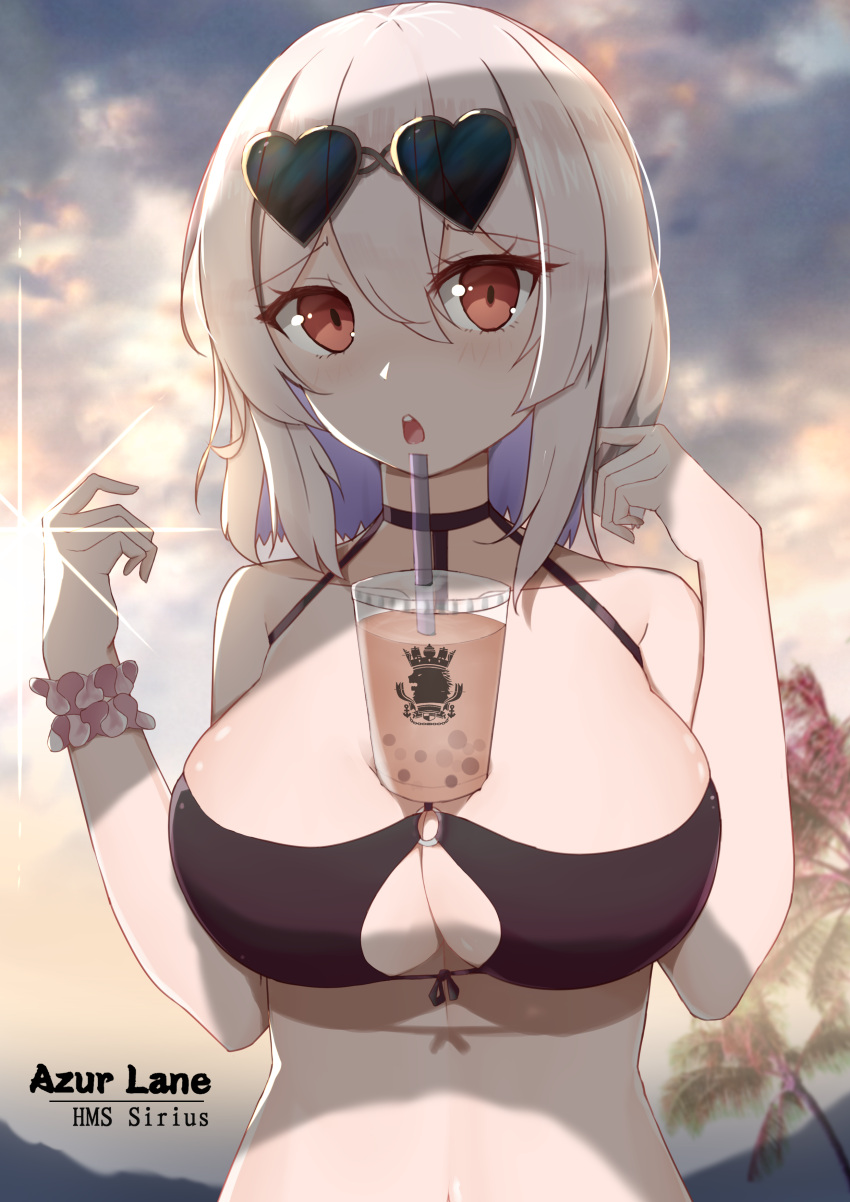 1girl absurdres alternate_costume azur_lane bangs bare_shoulders black-framed_eyewear black_bikini_top black_choker breasts bubble_tea bubble_tea_challenge character_name choker clouds cloudy_sky collarbone copyright_name cup day disposable_cup drinking_straw eyebrows_visible_through_hair eyelashes eyewear_on_head fengyue_jiang front-tie_bikini front-tie_top hair_between_eyes hand_in_hair hands_up heart heart-shaped_eyewear highres large_breasts looking_at_viewer navel o-ring o-ring_bikini o-ring_top object_on_breast open_mouth outdoors palm_tree red_eyes round_teeth scrunchie shadow short_hair sirius_(azur_lane) sirius_(midsummer_seirios)_(azur_lane) sky solo sun sunglasses sunlight teeth tongue tree upper_body white_hair white_scrunchie wrist_scrunchie