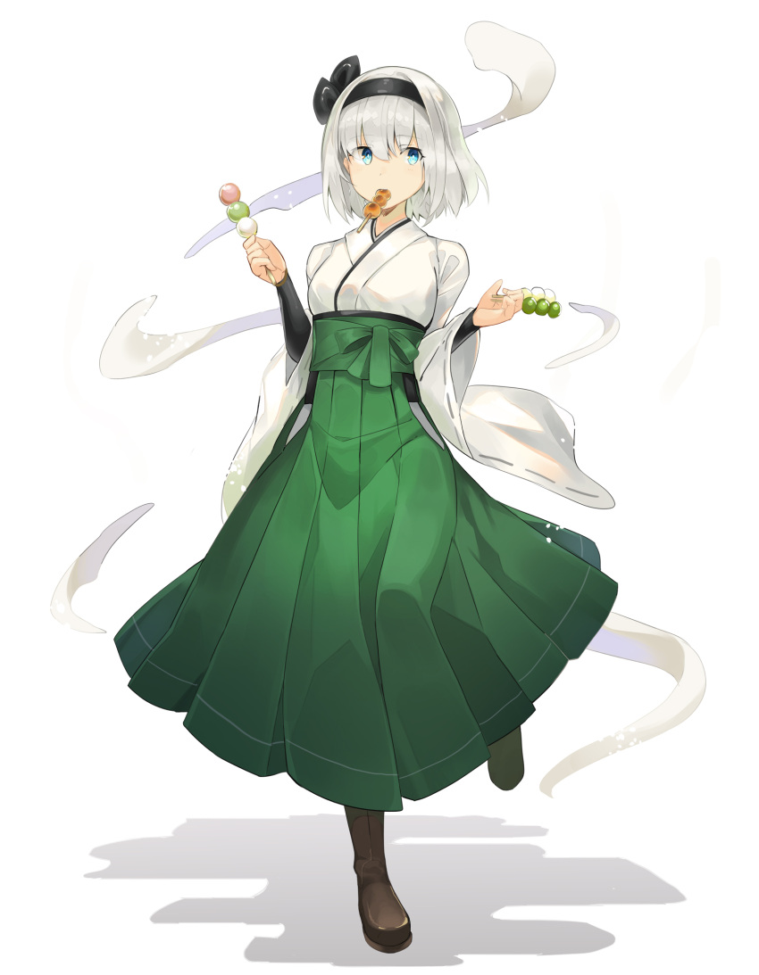 1girl adapted_costume aqua_eyes black_footwear black_hairband black_ribbon boots breasts commentary_request dango food food_in_mouth full_body green_skirt hair_ribbon hairband hakama_skirt hands_up highres hitodama holding holding_food japanese_clothes kimono konpaku_youmu konpaku_youmu_(ghost) long_sleeves looking_at_viewer medium_breasts mouth_hold ribbon ribbon-trimmed_sleeves ribbon_trim rin_falcon sanshoku_dango shadow short_hair silver_hair simple_background skirt solo standing standing_on_one_leg touhou wagashi white_background white_kimono wide_sleeves