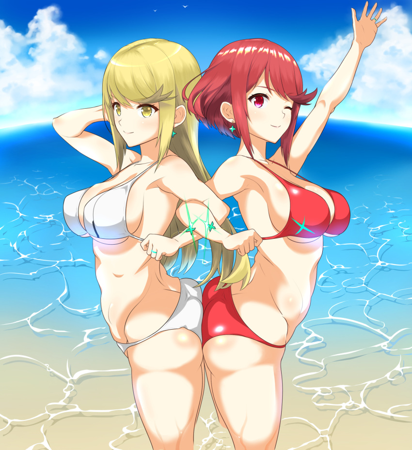 2girls artist_request ass ass-to-ass ass_press bangs beach bikini blonde_hair breasts butt_crack clouds cute dolling60883582 dollinger earrings glowing hair_ornament headpiece highres jewelry large_breasts long_hair moe monolith_soft multiple_girls mythra_(xenoblade) nintendo ocean one_eye_closed pose pyra_(xenoblade) red_eyes redhead short_hair sky smile summer super_smash_bros. swept_bangs swimsuit tiara very_long_hair water xenoblade_(series) xenoblade_2 yellow_eyes