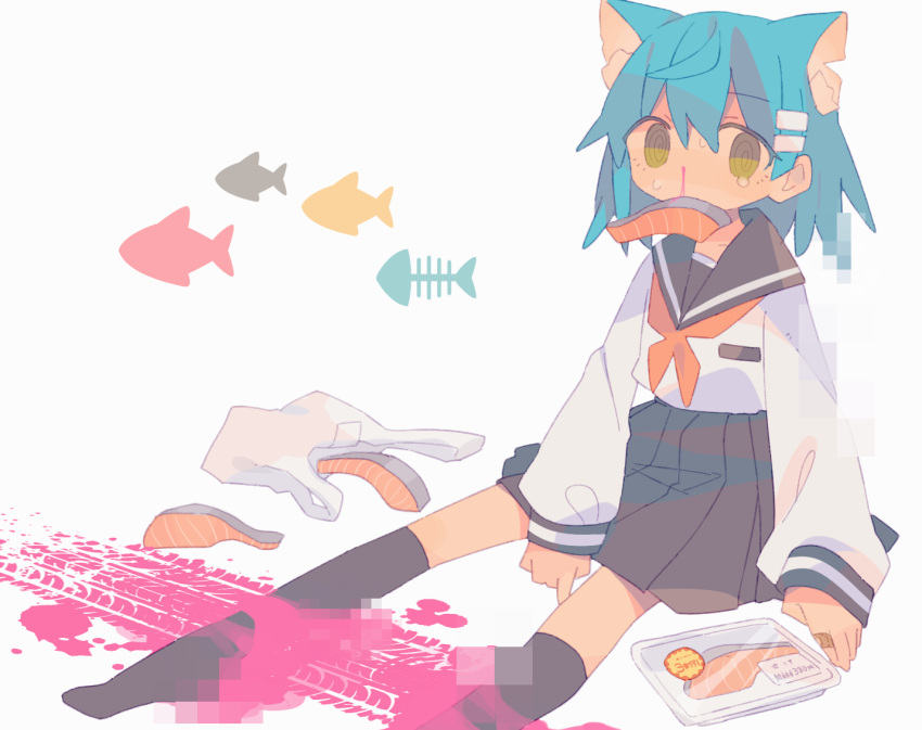 1girl al_bhed_eyes animal_ears bag bandaid bandaid_on_finger blood blue_hair cat_ears censored daizu_(melon-lemon) fish food grey_skirt long_sleeves looking_at_viewer mosaic_censoring neckerchief no_shoes nosebleed original plastic_bag pleated_skirt school_uniform serafuku short_hair skirt solo tareme tears