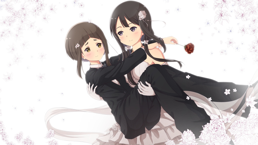 2girls absurdres black_pants blazer blush bride brown_eyes brown_hair carrying closed_mouth commentary dress elbow_gloves flower formal gloves groom hair_flower hair_ornament highres holding holding_flower itaro jacket kagajou_suzume kusunoki_mebuki kusunoki_mebuki_wa_yuusha_de_aru long_hair looking_at_another low_twintails multiple_girls pants princess_carry red_flower red_rose rose short_hair_with_long_locks smile suit twintails violet_eyes wedding_dress white_background white_flower white_gloves white_rose yuusha_de_aru