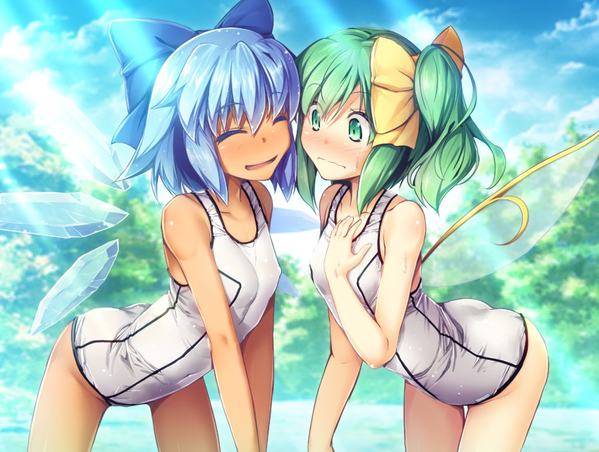 2girls ^_^ ass bangs bare_arms bare_shoulders blue_bow blue_hair blue_sky blush bow breasts chima_q cirno closed_eyes clouds collarbone commentary_request covered_nipples cowboy_shot daiyousei day eyebrows_visible_through_hair facing_another fairy_wings green_eyes green_hair hair_between_eyes hair_bow hand_on_own_chest highres ice ice_wings leaning_forward light_rays multiple_girls nose_blush one-piece_swimsuit open_mouth outdoors short_hair side_ponytail sky small_breasts smile standing sweat swimsuit tan tanned_cirno thighs touhou tree v_arms white_swimsuit wings yellow_bow