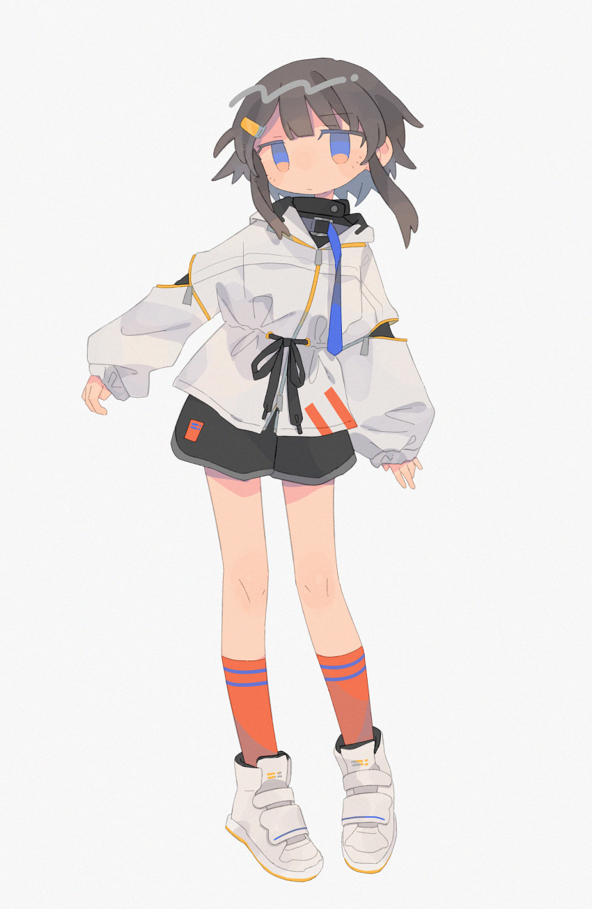 1girl absurdres arms_at_sides blue_eyes brown_hair closed_mouth daizu_(melon-lemon) full_body grey_background hair_ornament hairclip highres huge_filesize long_sleeves looking_at_viewer multicolored multicolored_eyes no_nose original puffy_sleeves shoes short_hair shorts sidelocks simple_background sneakers socks solo standing white_footwear