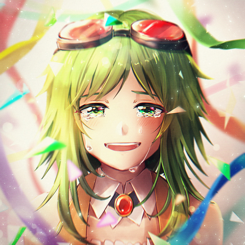 1girl amulet anniversary bare_shoulders blush collar commentary confetti crying crying_with_eyes_open goggles goggles_on_head green_eyes green_hair gumi happy_tears highres looking_at_viewer open_mouth portrait reiro_sakura ribbon short_hair_with_long_locks smile solo tears vocaloid