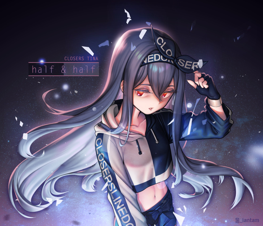 1girl absurdres bangs black_gloves character_name closers copyright_name english_commentary fingerless_gloves gloves grey_hair highres hood hoodie lantam long_hair long_sleeves looking_at_viewer midriff navel red_eyes silver_hair solo tina_(closers) twitter_username