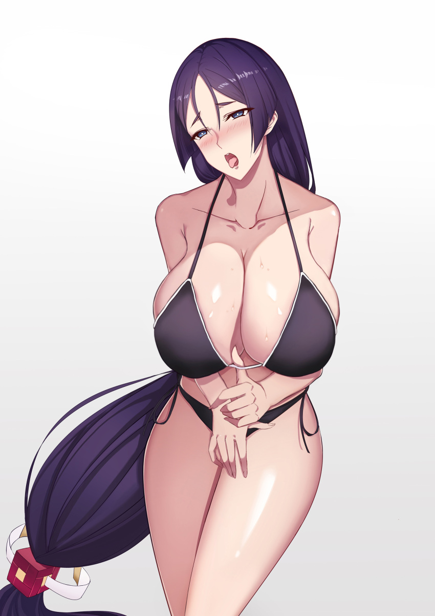 1girl absurdres bikini bikini_pull black_bikini blush breasts eyebrows_visible_through_hair fate/grand_order fate_(series) highres huge_breasts long_hair looking_at_viewer low-tied_long_hair manna_(pixiv8805037) minamoto_no_raikou_(fate/grand_order) navel purple_hair sexually_suggestive side-tie_bikini simple_background solo swimsuit tongue tongue_out very_long_hair wet