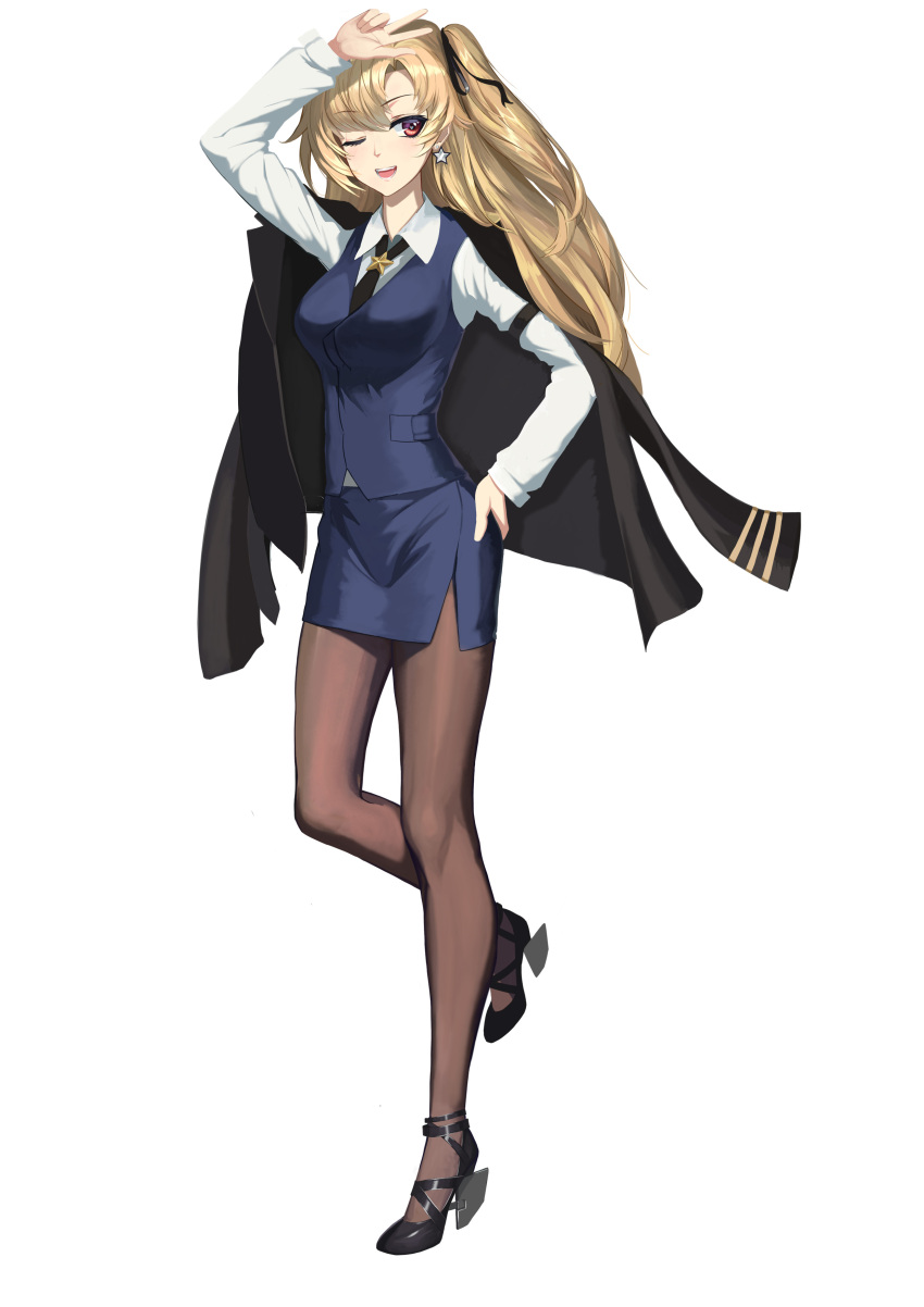 1girl absurdres alternate_costume azur_lane bangs black_footwear black_legwear blonde_hair chinese_commentary cleveland_(azur_lane) cleveland_(gentry_knight)_(azur_lane) collared_shirt commentary_request earrings ex929684007 eyebrows_visible_through_hair full_body hair_ribbon hand_on_hip high_heels highres jacket jacket_on_shoulders jewelry necktie office_lady one_eye_closed one_side_up open_mouth pantyhose pencil_skirt red_eyes ribbon rudder_footwear shirt simple_background skirt smile solo standing vest white_background