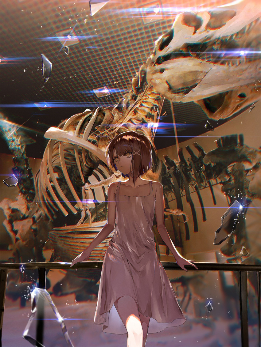 1girl asymmetrical_hair bangs bare_shoulders bone breasts broken_glass brown_eyes brown_hair collarbone commentary dinosaur dress eyebrows_visible_through_hair eyes_visible_through_hair facing_viewer fuuna_(conclusion) glass hair_ornament hairclip highres holding holding_railing iwakura_lain lamp looking_to_the_side museum parted_lips railing serial_experiments_lain short_hair small_breasts solo standing white_dress