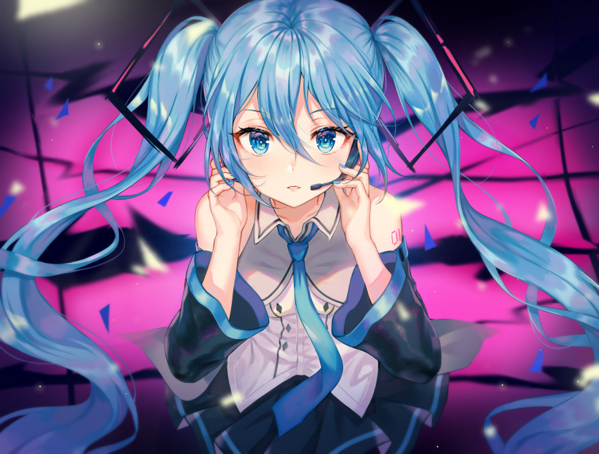1girl bare_shoulders black_skirt blue_eyes blue_hair blue_nails breasts collarbone collared_shirt detached_sleeves hair_between_eyes hair_ornament hands_up hatsune_miku headphones highres lapel_pin leaning_forward long_hair long_sleeves looking_at_viewer parted_lips shirt skirt small_breasts solo tokkyu_(user_mwwe3558) twintails very_long_hair vocaloid white_shirt