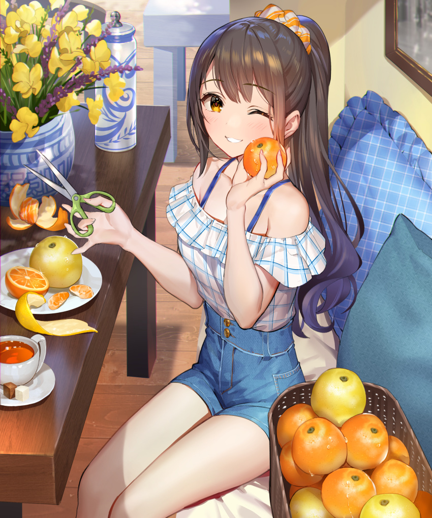 1girl ;d absurdres bare_shoulders basket blush bottle bra_strap breasts brown_eyes brown_hair collarbone cup denim denim_shorts flower food fruit grin hair_ornament hair_scrunchie high-waist_shorts highres holding holding_food holding_fruit long_hair looking_at_viewer off-shoulder_shirt off_shoulder one_eye_closed open_mouth orange original plaid plant plate ponytail potted_plant saucer scissors scrunchie shirt shorts sidelocks sitting small_breasts smile solo table teacup teffish thighs white_shirt yellow_flower