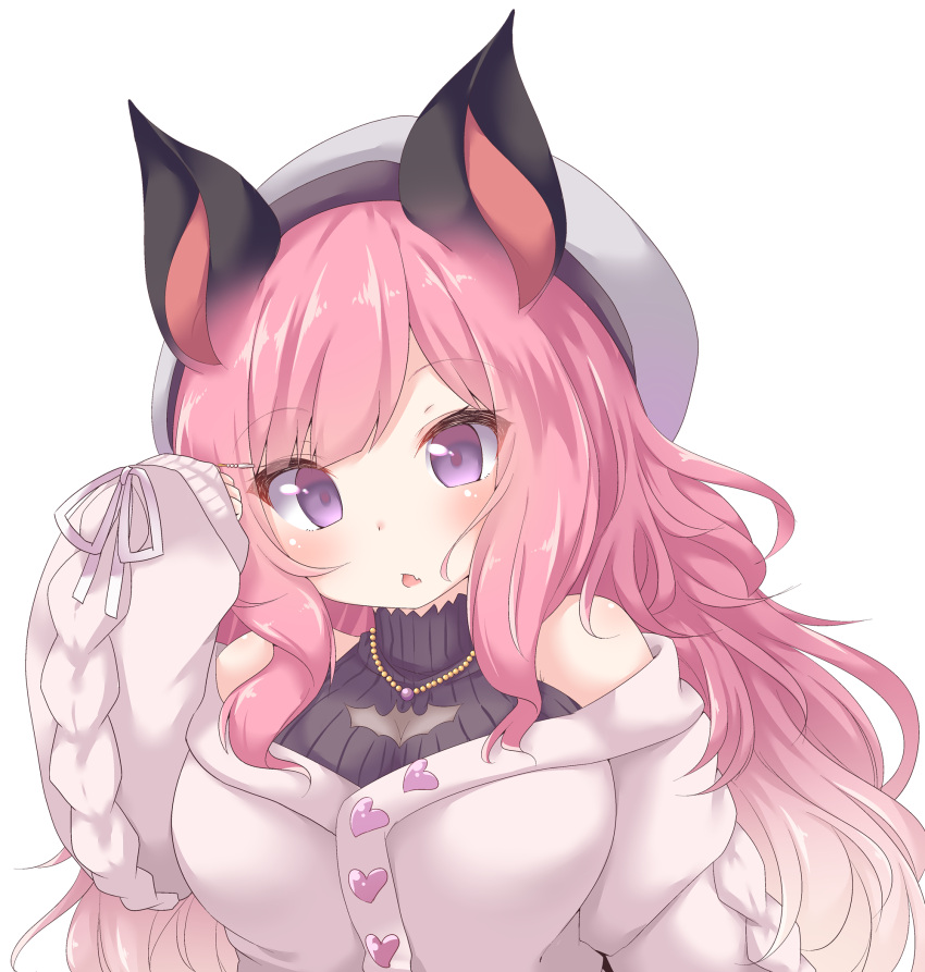 1girl animal_ears animare bangs bat_ears black_shirt blush breasts chestnut_mouth daidai_ookami eyebrows_visible_through_hair fang grey_headwear hair_ornament hand_up hat highres jacket jewelry large_breasts long_hair long_sleeves necklace parted_lips pink_hair puffy_long_sleeves puffy_sleeves ribbed_shirt shirt sidelocks sleeveless sleeveless_shirt sleeves_past_wrists solo umori_hinako upper_body violet_eyes virtual_youtuber white_background white_jacket