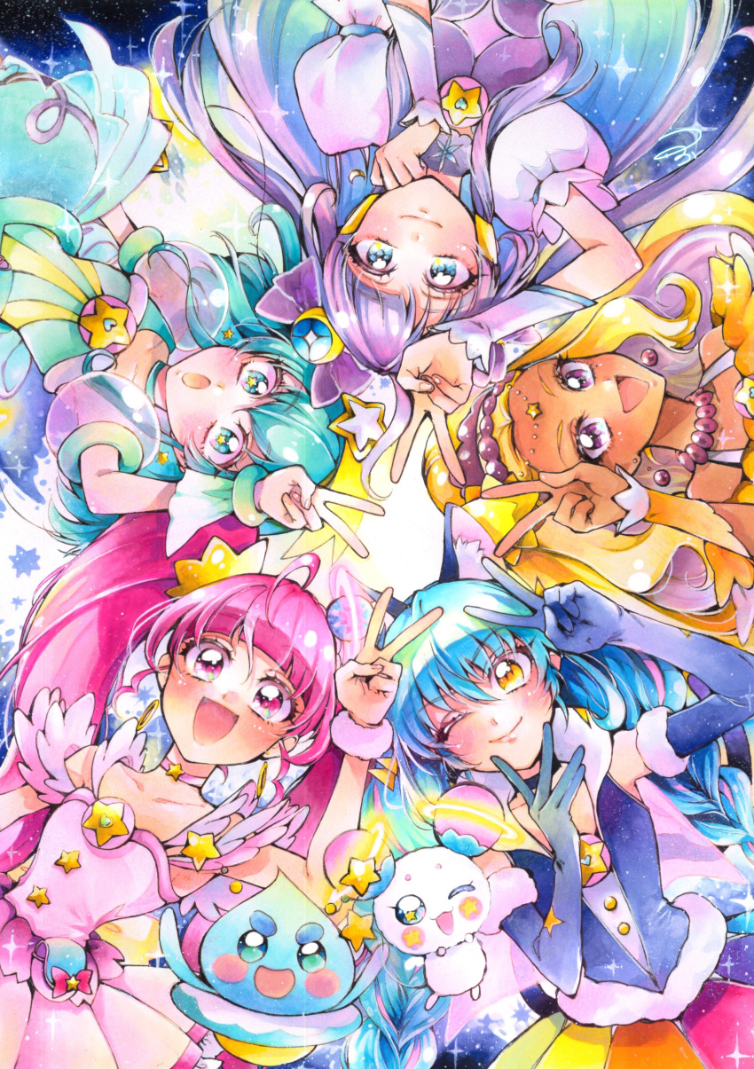 5girls :d :o ;) absurdres ahoge amamiya_erena animal_ears aqua_dress aqua_eyes aqua_hair armpits bangs bare_shoulders blonde_hair blue_dress blue_eyes blunt_bangs blush braid cat_ears choker closed_mouth commentary cure_cosmo cure_milky cure_selene cure_soleil cure_star dark_skin dress earrings elbow_gloves fuwa_(precure) gloves hagoromo_lala hair_between_eyes hair_ornament highres hoshina_hikaru jewelry kaguya_madoka light_blue_hair long_hair looking_at_viewer magical_girl marker_(medium) mikan_(mikataaaa) multicolored_hair multiple_girls necklace one_eye_closed open_mouth pink_eyes pink_hair planet_hair_ornament precure prunce_(precure) puffy_short_sleeves puffy_sleeves purple_dress purple_hair short_hair short_sleeves sky smile star star-shaped_pupils star_(sky) star_hair_ornament star_twinkle_precure starry_sky streaked_hair symbol-shaped_pupils traditional_media twin_braids twintails v violet_eyes wrist_cuffs yellow_dress yuni_(precure)