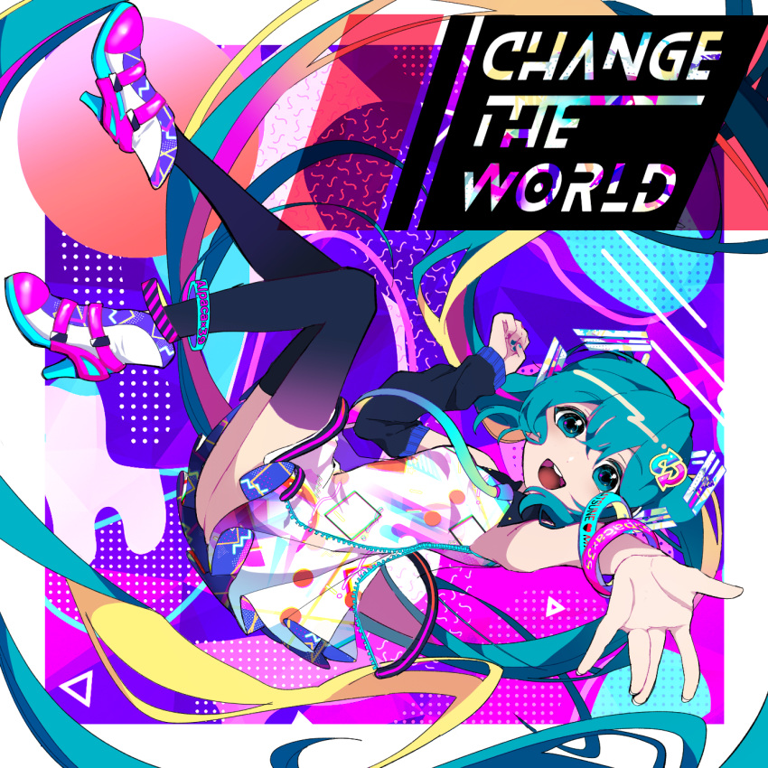 1girl alternate_costume anklet aqua_eyes aqua_hair colorful commentary detached_sleeves dress dutch_angle hair_ornament hatsune_miku highres jewelry long_hair looking_at_viewer multicolored multicolored_background necktie open_mouth outstretched_arm smile solo song_name thigh-highs twintails very_long_hair vocaloid wkchi wristband