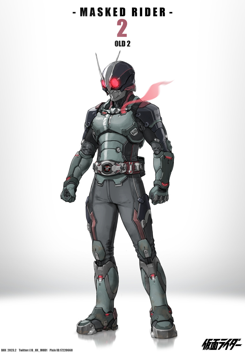 1boy absurdres antennae armor armored_boots black_armor black_mask black_pants boots character_name chinese_commentary clenched_hands commentary_request copyright_name driver_(kamen_rider) full_body glowing glowing_eyes grey_armor grey_footwear grey_mask highres kamen_rider kamen_rider_2 knee_pads pants red_eyes rider_belt shoulder_armor simple_background solo standing tokusatsu typhoon_(kamen_rider) v-fin white_background xiangzi_box
