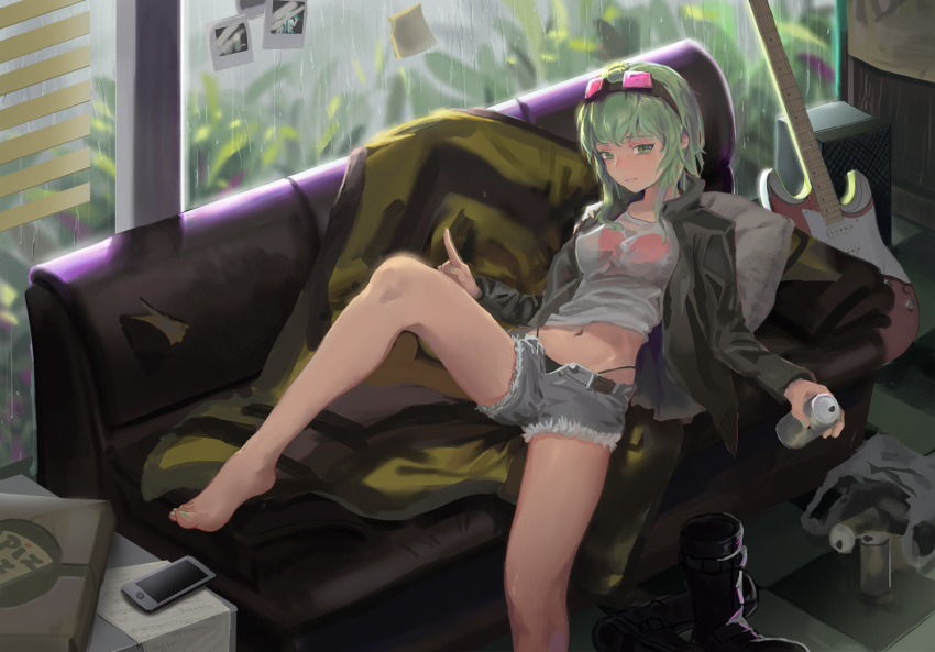 1girl bag barefoot belt boots_removed breasts can casual cellphone couch denim denim_shorts electric_guitar full_body green_eyes green_hair guitar gumi holding holding_can indoors instrument jacket knee_up looking_to_the_side medium_breasts midriff navel parted_lips phone photo_(object) plastic_bag rain shirt short_hair_with_long_locks shorts sitting smartphone solo speaker sticky_note t-shirt vocaloid white_shirt window wwy_138