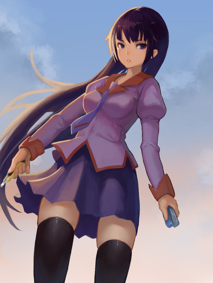 1girl bakemonogatari black_legwear blue_background blue_eyes boxcutter breasts clouds collar feet_out_of_frame gradient gradient_background hair_blowing hcho highres holding long_hair long_sleeves looking_at_viewer medium_breasts monogatari_(series) necktie open_mouth pleated_skirt purple_hair purple_neckwear purple_shirt purple_skirt red_collar school_uniform senjougahara_hitagi shiny shiny_clothes shiny_hair shirt skirt sky sleeve_cuffs solo stapler sunlight thigh-highs very_long_hair zettai_ryouiki