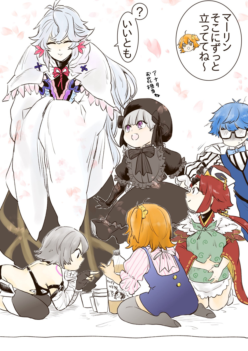 2boys 4girls ahoge bandaged_arm bandages bangs bare_shoulders benienma_(fate/grand_order) beret black_bow black_dress black_gloves black_headwear blue_hair blue_neckwear bow bowtie braid child commentary_request cup disposable_cup dress fate/grand_order fate_(series) fujimaru_ritsuka_(female) fur_trim glasses gloves hair_between_eyes hair_ornament hair_scrunchie hans_christian_andersen_(fate) hat highres holding jack_the_ripper_(fate/apocrypha) japanese_clothes kimono leonardo_da_vinci_(fate/grand_order) long_hair long_sleeves low_ponytail merlin_(fate) messy_hair multiple_boys multiple_girls nursery_rhyme_(fate/extra) open_mouth orange_hair parted_bangs pink_ribbon ponytail red003 redhead revealing_clothes ribbon robe scrunchie short_hair side_ponytail silver_hair smile soda_bottle suspenders sweatdrop thigh-highs translation_request twin_braids very_long_hair vest violet_eyes white_hair wide_sleeves yellow_scrunchie younger