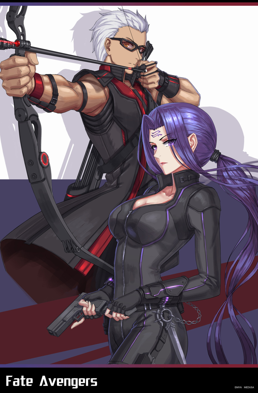 1boy 1girl absurdres archer arrow avengers black_widow black_widow_(cosplay) bodysuit bow_(weapon) brilliant_naraku cosplay eyebrows_visible_through_hair eyes_visible_through_hair facial_mark fate/stay_night fate_(series) fingerless_gloves forehead_mark gloves gun handgun hawkeye_(marvel) hawkeye_(marvel)_(cosplay) highres laser_sight long_hair looking_at_viewer ponytail purple_hair reloading rider skin_tight sunglasses trigger_discipline very_long_hair violet_eyes weapon white_hair