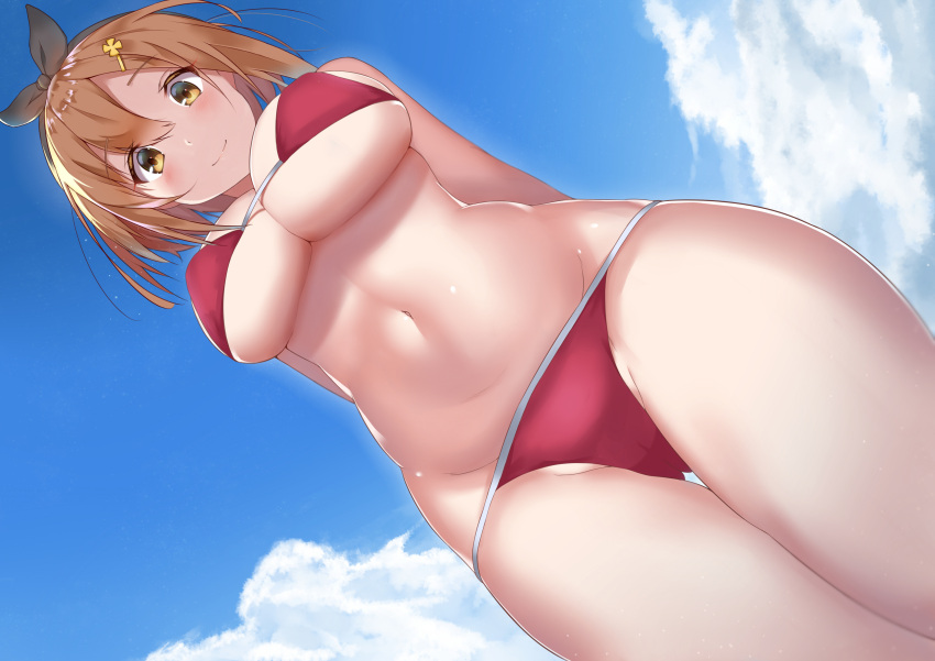 1girl absurdres arms_behind_back atelier_(series) atelier_ryza bikini black_hairband blue_sky breasts brown_eyes brown_hair closed_mouth clouds from_below hair_ornament hairband hairclip highres large_breasts looking_at_viewer red_bikini reisalin_stout short_hair sky smile solo swimsuit thigh_gap vitoputr