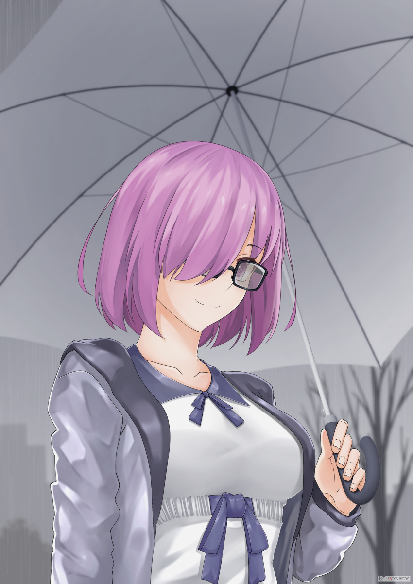 1girl absurdres fate/grand_order fate_(series) hair_over_one_eye highres hood hoodie looking_at_viewer mash_kyrielight purple_hair rain satyarizqy short_hair smile solo umbrella upper_body violet_eyes