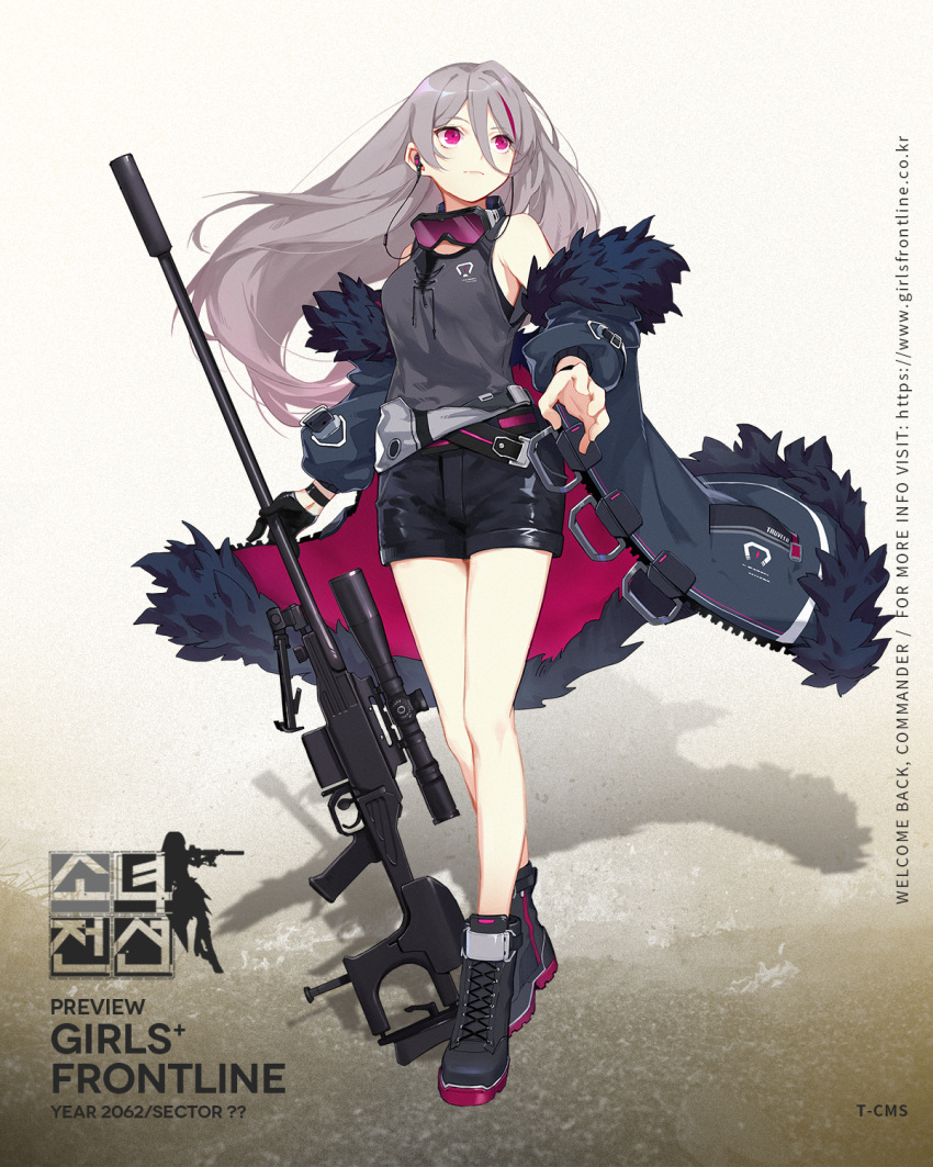 1girl bangs black_footwear black_gloves black_shorts boots breasts character_name coat cross-laced_footwear earphones feather-trimmed_coat floating_hair full_body girls_frontline gloves goggles goggles_around_neck grey_coat grey_hair grey_tank_top gun highres holding holding_gun holding_weapon lace-up_boots logo long_hair looking_away medium_breasts multicolored_hair multiple_straps off_shoulder official_art open_clothes open_coat purple_hair rifle scope shorts sidelocks single_glove sniper_rifle sola7764 solo streaked_hair t-cms_(girls_frontline) tank_top tinted_eyewear truvelo_cms very_long_hair violet_eyes weapon wristband