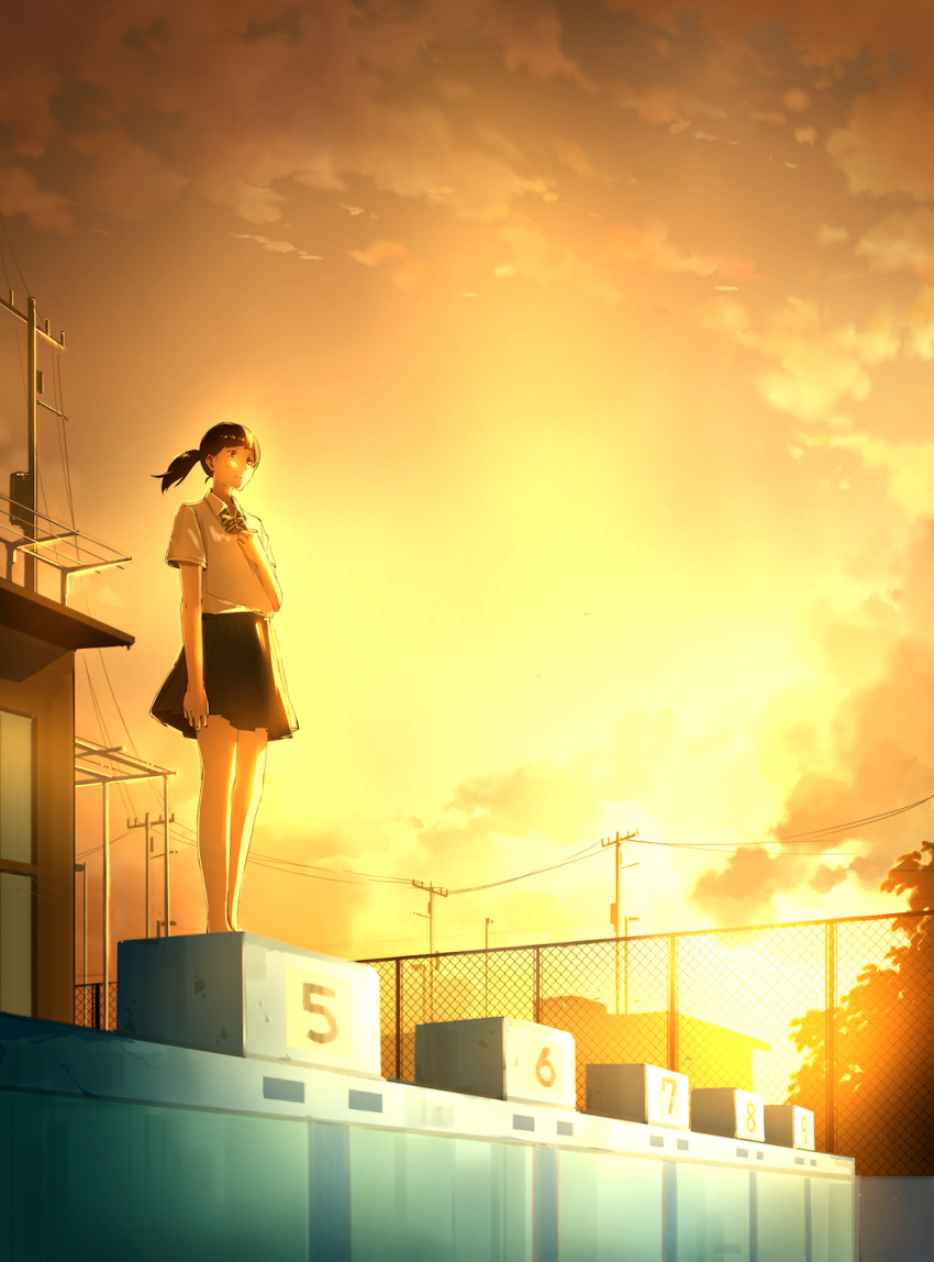 1girl arm_at_side backlighting barefoot black_hair black_skirt building chain-link_fence clouds evening fence highres mamigo original outdoors ponytail pool school_uniform shirt short_sleeves skirt solo standing sunset telephone_pole white_shirt