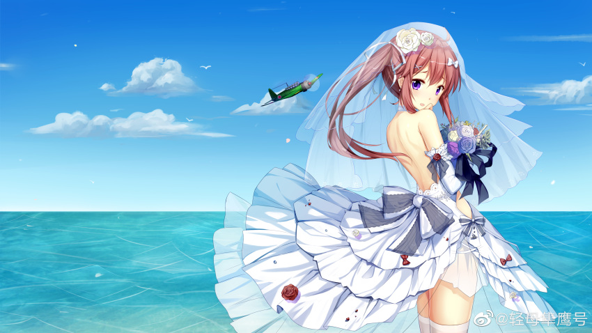 1girl absurdres ahoge aircraft airplane alternate_costume backless_dress backless_outfit bare_shoulders bird blue_eyes blue_flower blue_sky bouquet bridal_veil bride brown_hair clouds day dress elbow_gloves flower gloves hair_flower hair_ornament hamster_(hanmster) highres holding holding_bouquet jun'you_(warship_girls_r) long_hair ocean outdoors purple_flower rose seagull side_ponytail skirt sky solo strapless strapless_dress thigh-highs veil warship_girls_r watermark wedding_dress weibo_logo white_dress white_flower white_gloves white_legwear white_rose