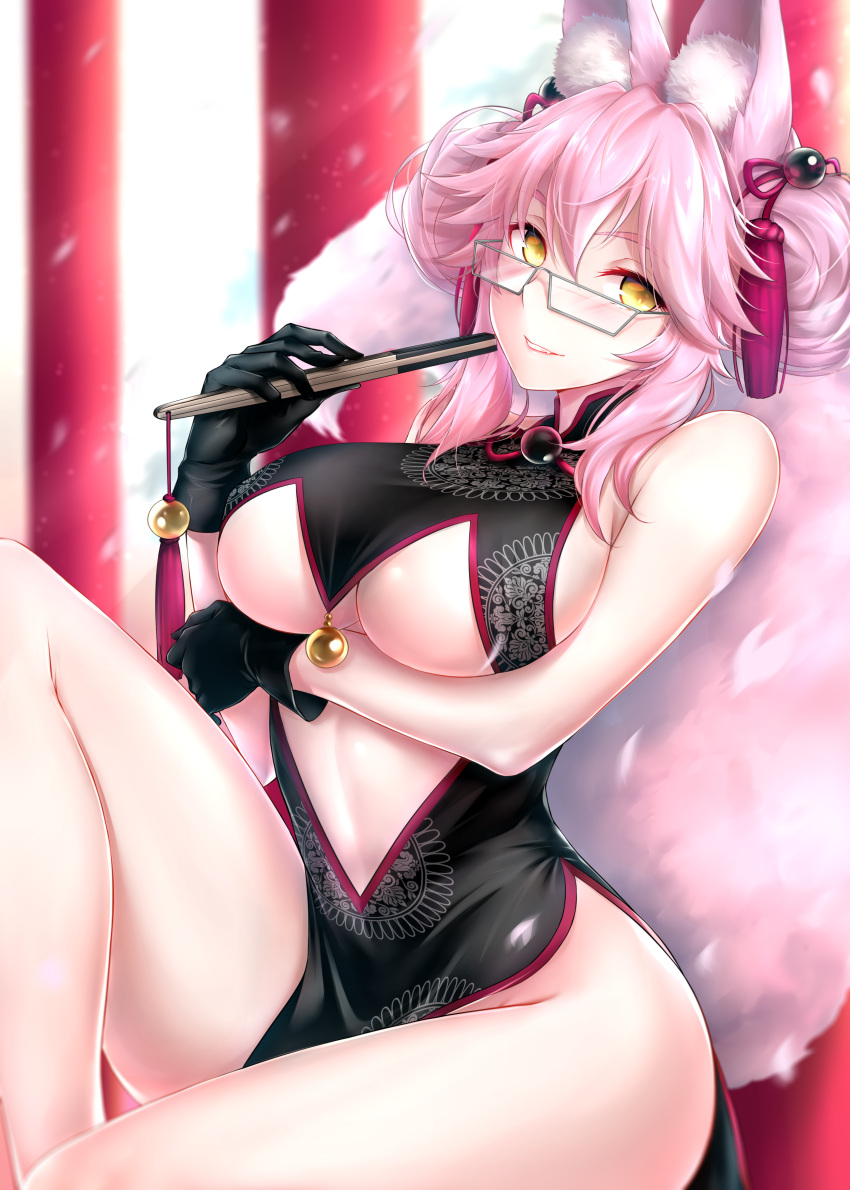 1girl absurdres bare_shoulders bell black_dress black_gloves blush breasts center_opening china_dress chinese_clothes dress fate/grand_order fate_(series) glasses gloves hair_between_eyes highres hip_focus huge_filesize jingle_bell koyanskaya large_breasts long_hair looking_at_viewer paid_reward patreon_reward pink_hair rei_kun sitting smile solo thighs under_boob yellow_eyes