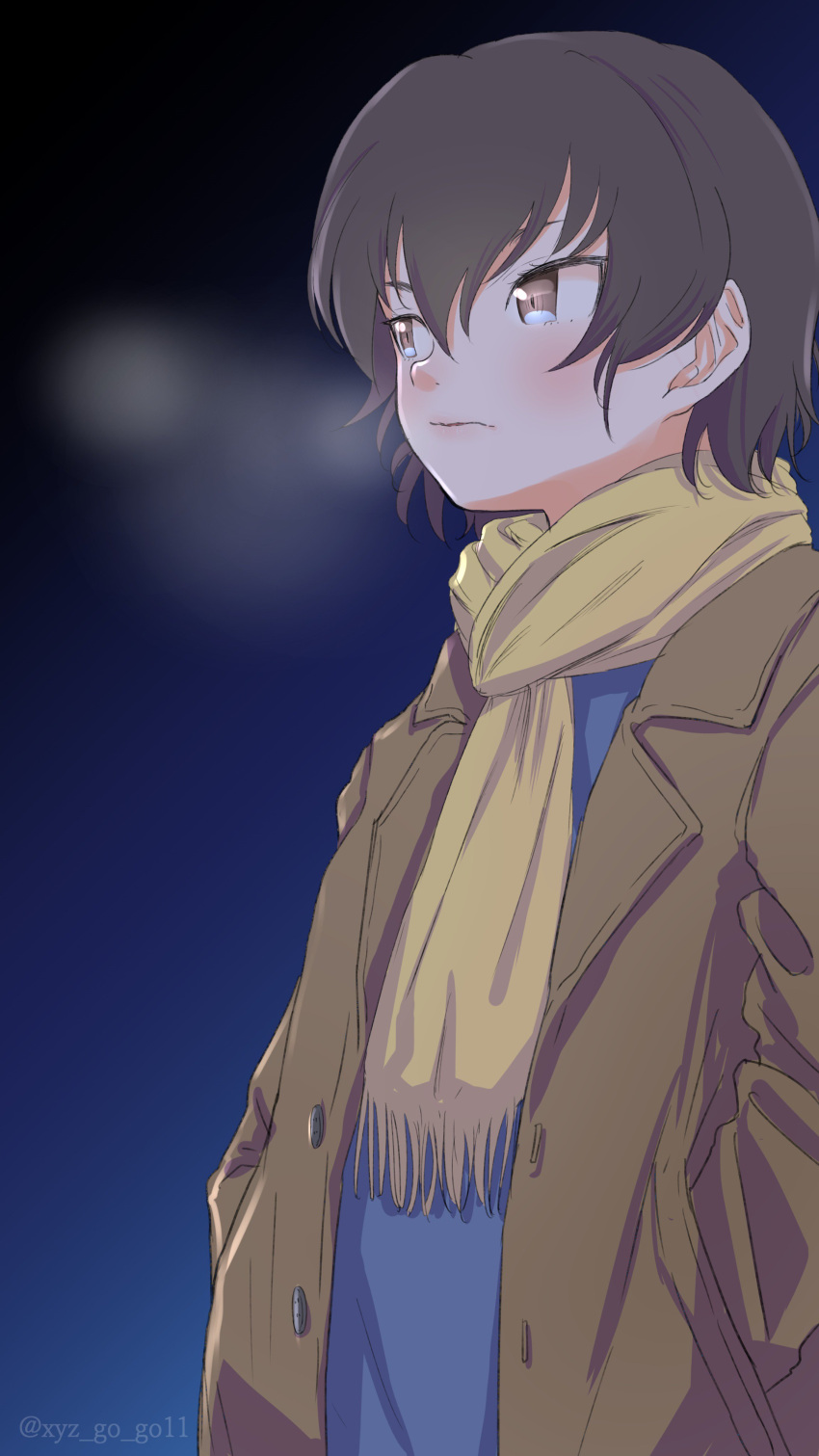 1girl absurdres bangs black_sky blue_shirt breath brown_coat brown_eyes brown_hair caesar_(girls_und_panzer) casual closed_mouth coat commentary fringe_trim girls_und_panzer hands_in_pockets highres light_frown long_sleeves looking_to_the_side night night_sky open_clothes open_coat outdoors oze_(xyz_go_go11) scarf shirt short_hair sky solo standing twitter_username upper_body yellow_scarf