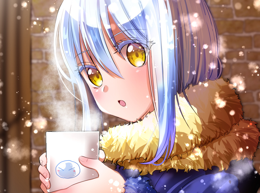 1girl androgynous blue_coat bouquetforangel coat cup eyebrows_visible_through_hair fur-trimmed_coat fur_trim hair_between_eyes highres holding holding_cup open_mouth outdoors portrait rimuru_tempest short_hair silver_hair snowing solo tensei_shitara_slime_datta_ken yellow_eyes