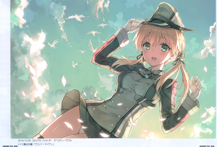 1girl absurdres adjusting_clothes adjusting_hat anchor_hair_ornament arm_up bird black_legwear blonde_hair blush cowboy_shot day gloves green_eyes hair_ornament hat highres hiten_(hitenkei) huge_filesize iron_cross kantai_collection long_hair long_sleeves military military_uniform open_mouth panties pantyshot pantyshot_(standing) peaked_cap prinz_eugen_(kantai_collection) scan seagull skirt skirt_lift sky smile solo standing thigh-highs twintails underwear uniform white_gloves white_panties wind wind_lift