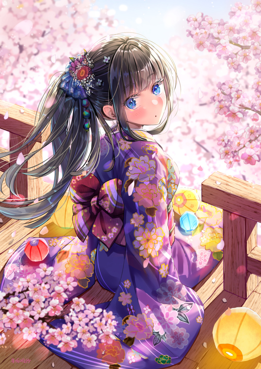 1girl akasaka_asa bangs black_hair blue_eyes blue_ribbon blush cherry_blossom_print cherry_blossoms cherry_tree eyebrows_visible_through_hair floating_hair flower from_behind hair_flower hair_ornament hair_ribbon highres japanese_clothes kimono long_hair long_sleeves looking_at_viewer looking_back obi original print_kimono purple_kimono red_flower ribbon sash shiny shiny_hair sitting solo very_long_hair wide_sleeves yukata