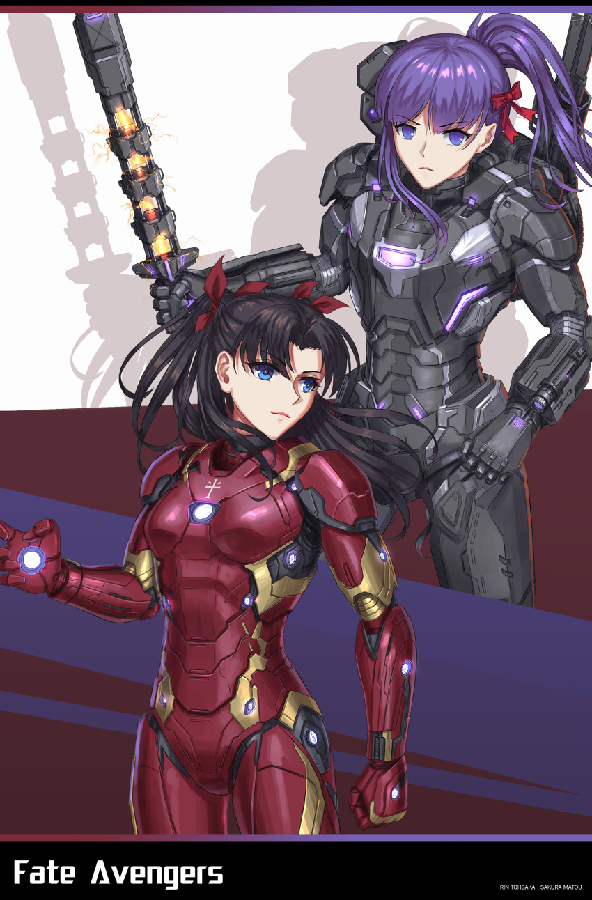 2girls absurdres asymmetrical_bangs avengers bangs blue_eyes brilliant_naraku brown_hair cosplay cowboy_shot fate/stay_night fate_(series) hair_ribbon highres iron_man iron_man_(cosplay) looking_at_viewer looking_to_the_side matou_sakura multiple_girls ponytail power_armor purple_hair ribbon serious toosaka_rin violet_eyes war_machine war_machine_(cosplay)