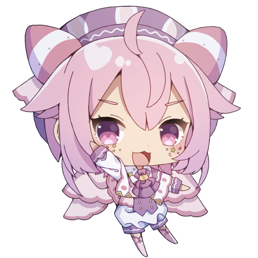 1girl :3 :d ahoge bangs big_head blush capelet chibi crescent eyebrows_visible_through_hair facial_mark full_body hair_between_eyes hand_up hat highres nijisanji no_shoes open_mouth outstretched_arm pink_capelet pink_hair pink_legwear purple_headwear purple_neckwear sapphire_(sapphire25252) short_jumpsuit simple_background smile solo star thigh-highs ushimi_ichigo violet_eyes virtual_youtuber white_background