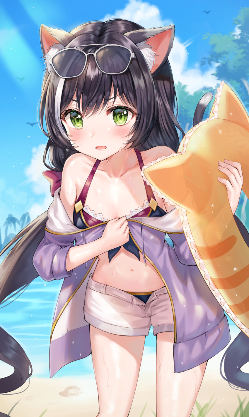 1girl absurdres animal_ear_fluff animal_ears bare_shoulders beach bikini black_bikini black_hair blue_sky blush cat_ears cat_tail clouds collarbone day drawstring eyewear_on_head frown green_eyes halterneck highres holding innertube jacket kyaru_(princess_connect) light_rays long_hair looking_at_viewer multicolored_hair navel off_shoulder open_clothes open_fly open_jacket open_mouth outdoors princess_connect! princess_connect!_re:dive purple_jacket short_shorts shorts sky solo standing stomach streaked_hair sunbeam sunglasses sunlight swimsuit tail thighs tokkyu_(user_mwwe3558) v-shaped_eyebrows very_long_hair water wet white_hair white_shorts