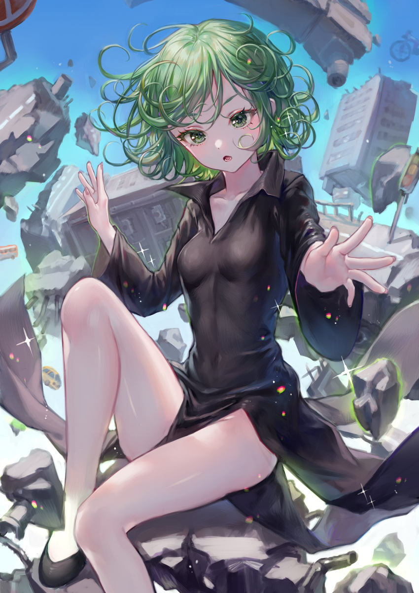 1girl bare_legs black_footwear blush collarbone curly_hair day eyebrows floating green_eyes green_hair high_heels highres long_sleeves looking_at_viewer maccha_(mochancc) one-punch_man outdoors parted_lips short_hair solo tatsumaki traffic_light