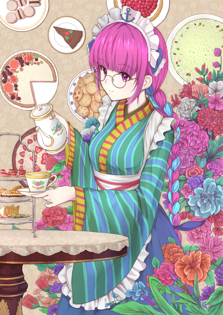 1girl absurdres anchor apron bespectacled blue_flower blue_hair blue_ribbon blue_skirt braid breasts brown-framed_eyewear brown_background brown_flower cake closed_mouth commentary_request cup flower food frilled_apron frills fruit glasses hair_ribbon highres holding_saucer holding_teapot hololive japanese_clothes kimono long_hair long_sleeves maid_headdress minato_aqua multicolored_hair pink_flower plate purple_flower purple_hair red_flower ribbon round_eyewear saucer single_braid skirt slice_of_cake small_breasts smile solo strawberry striped table teacup teapot tiered_tray two-tone_hair vertical-striped_kimono vertical_stripes very_long_hair violet_eyes virtual_youtuber waist_apron wang_man white_apron wide_sleeves