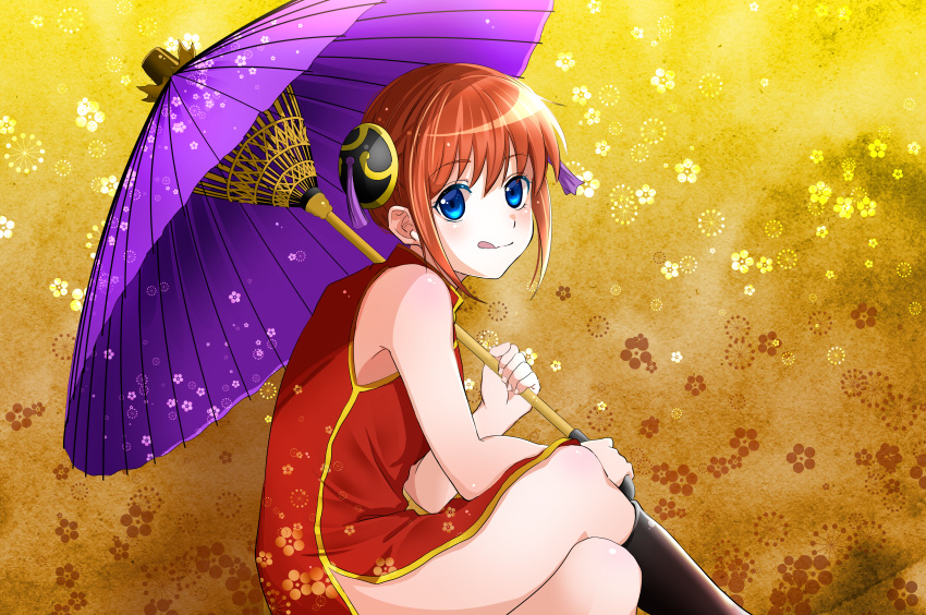 1girl :q absurdres blue_eyes bouquetforangel brown_hair china_dress chinese_clothes crossed_legs dress eyebrows_visible_through_hair from_side gintama hair_between_eyes hair_bun highres holding holding_umbrella huge_filesize kagura_(gintama) looking_at_viewer oriental_umbrella purple_ribbon purple_umbrella red_dress ribbon shiny shiny_hair shiny_skin short_hair side_slit sitting sleeveless sleeveless_dress solo tongue tongue_out umbrella yellow_background