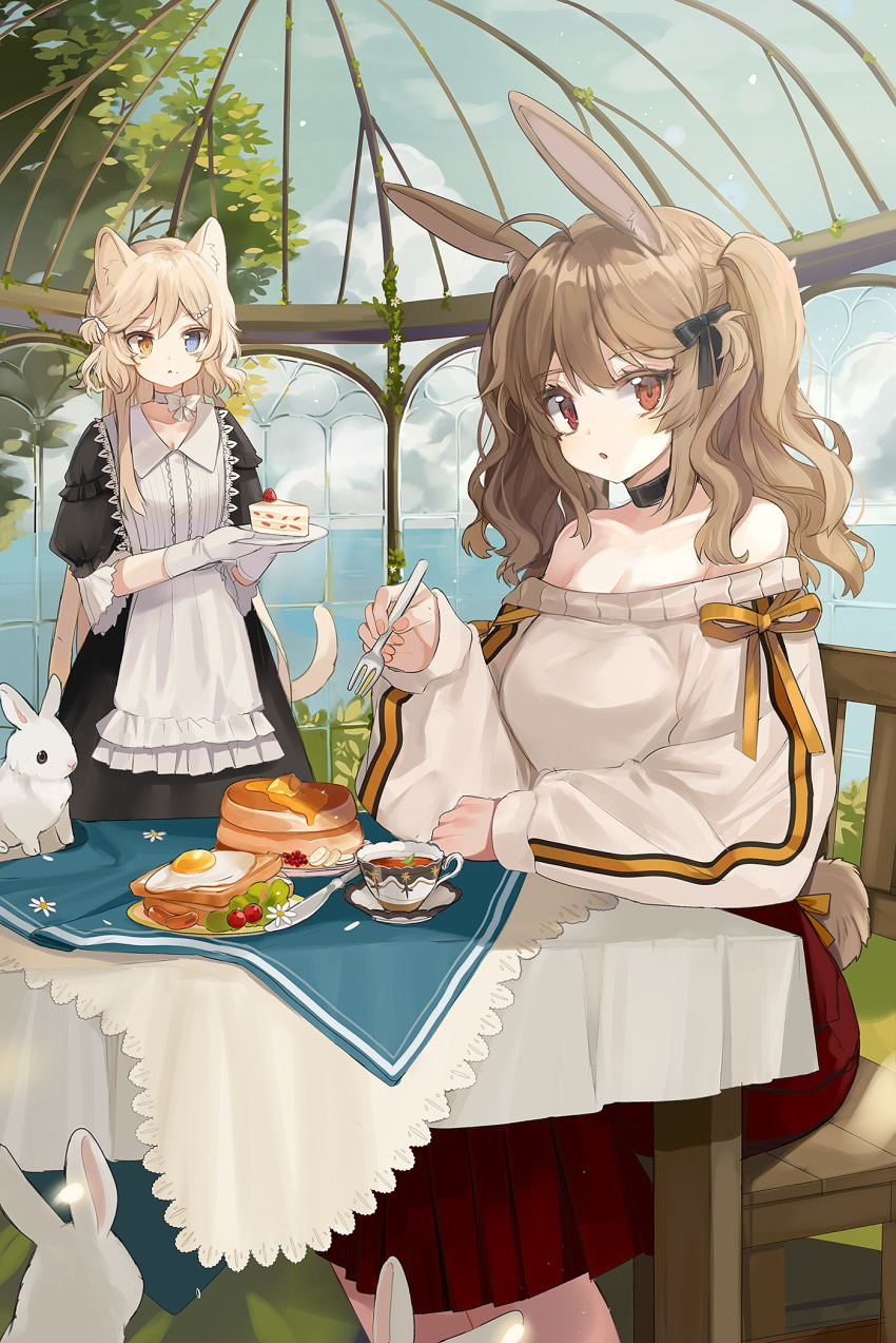 2girls ahoge animal_ears bare_shoulders black_ribbon blonde_hair blue_eyes brown_eyes brown_hair bunny_tail cat_ears cat_tail chair choker collarbone day egg food hair_ribbon heterochromia highres indoors long_hair long_sleeves maid mid_(gameshe) mole mole_under_mouth multiple_girls off-shoulder_sweater off_shoulder original pancake parted_lips plate rabbit rabbit_ears ribbon sitting sweater table tail toast twintails