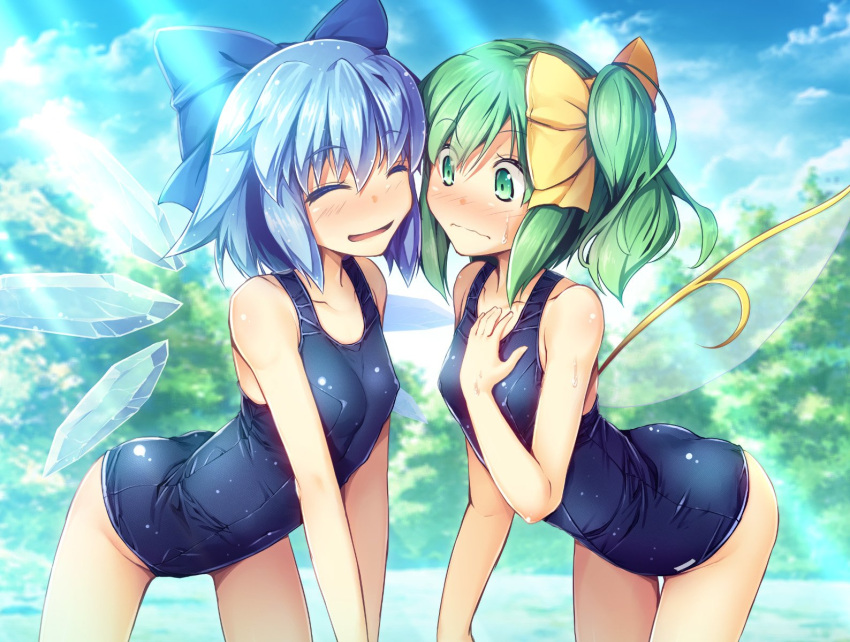 2girls ^_^ ass bangs bare_arms bare_shoulders blue_bow blue_hair blue_sky blue_swimsuit blush bow breasts chima_q cirno closed_eyes clouds collarbone commentary_request covered_nipples cowboy_shot daiyousei day eyebrows_visible_through_hair facing_another fairy_wings green_eyes green_hair hair_between_eyes hair_bow hand_on_own_chest highres ice ice_wings leaning_forward light_rays multiple_girls nose_blush one-piece_swimsuit open_mouth outdoors short_hair side_ponytail sky small_breasts smile standing sweat swimsuit thighs touhou tree v_arms wings yellow_bow
