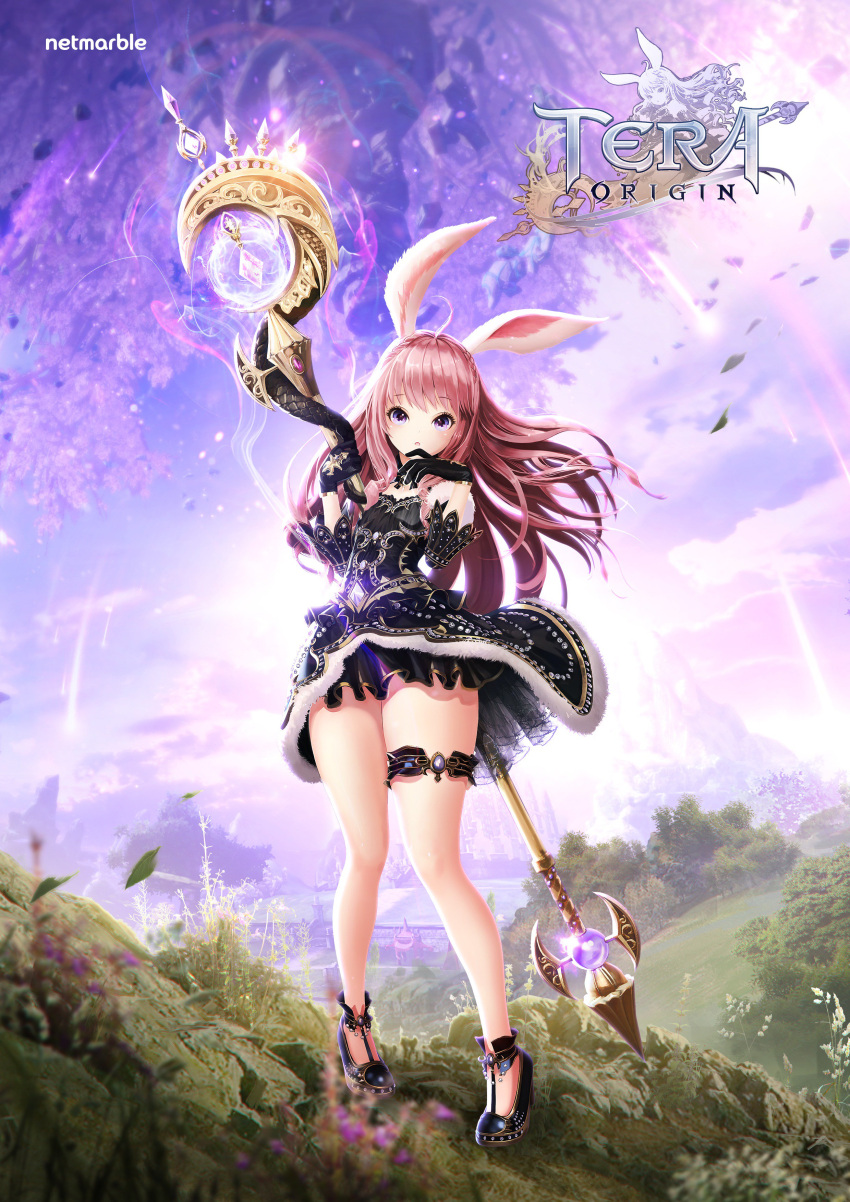 1girl absurdres animal_ears artist_request black_dress black_footwear black_gloves brown_hair commentary_request copyright_name crystal dress elin_(tera) full_body gloves hand_to_own_mouth high_heels highres legs long_hair official_art open_mouth outdoors pink_eyes rabbit_ears shoes short_dress solo staff tera_online thigh_strap thighs weapon wind