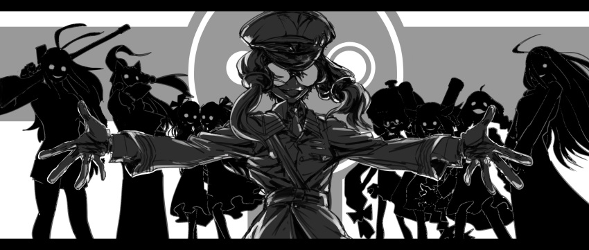 6+girls absurdres ahoge bow braid commentary dress facing_viewer frilled_dress frills glasses gloves greyscale grin gun hair_bow hair_ornament hat highres holding holding_gun holding_weapon horns kizuna_akari kotonoha_akane kotonoha_aoi large_hat long_hair military military_hat military_uniform monochrome multiple_girls opaque_glasses otomachi_una outstretched_arms outstretched_hand over_shoulder rifle short_hair_with_long_locks siblings sidelocks silhouette smile solid_circle_eyes talkex tmasyumaro touhoku_itako touhoku_kiritan touhoku_zunko tsurumaki_maki twin_braids twins twintails uniform very_long_hair vocaloid voiceroid weapon weapon_over_shoulder yuzuki_yukari