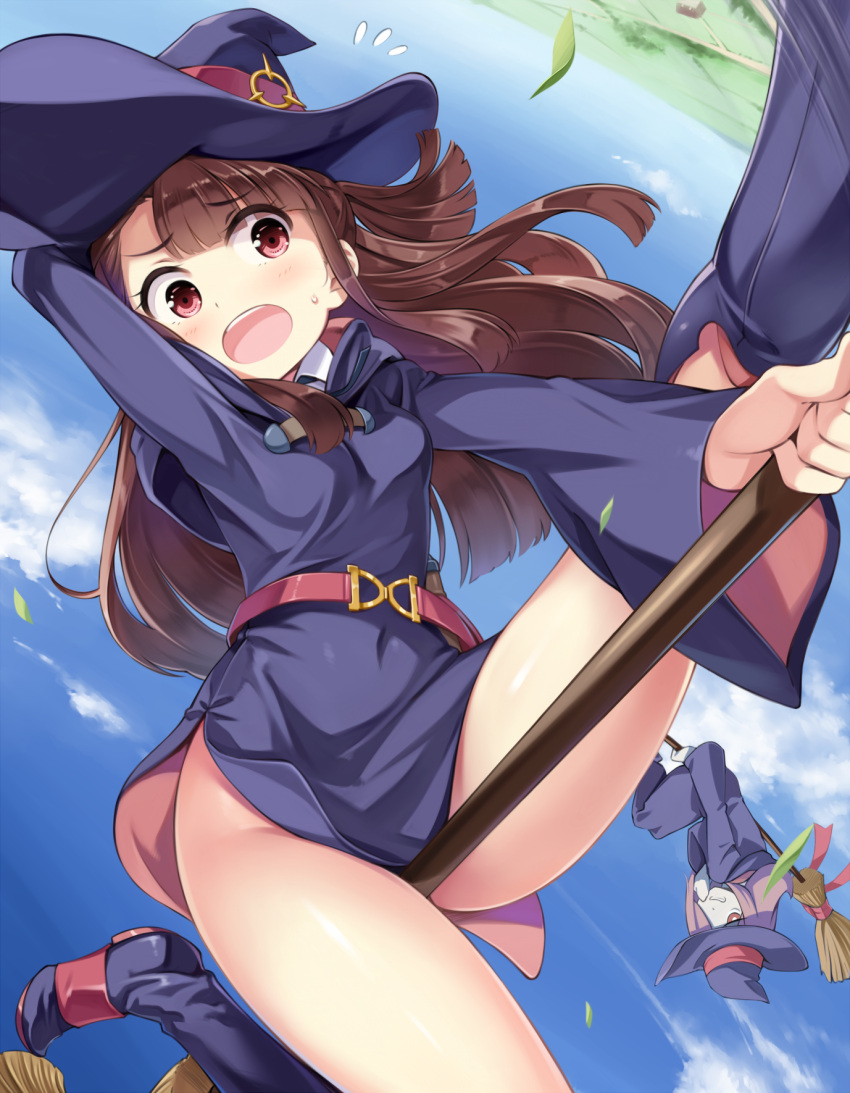 2girls arms_behind_head ass bangs belt blue_sky blush breasts broom broom_riding brown_eyes brown_hair clouds commentary_request eyebrows_visible_through_hair flying flying_sweatdrops hair_between_eyes hair_over_one_eye hat highres holding kagari_atsuko lavender_hair little_witch_academia long_hair looking_at_viewer luna_nova_school_uniform multiple_girls open_mouth outdoors pale_skin red_eyes school_uniform sky small_breasts smile sucy_manbavaran sweatdrop thighs wide_sleeves witch witch_hat yokaze_japan